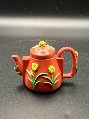 Vintage Miniature Ceramic Teapot Orange Terracotta Floral Leaf Decorative Mini
